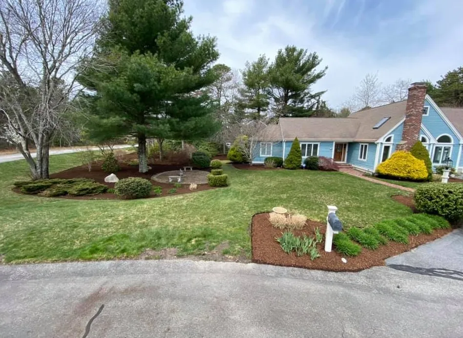 Natural stone path with fresh mulch bed installation