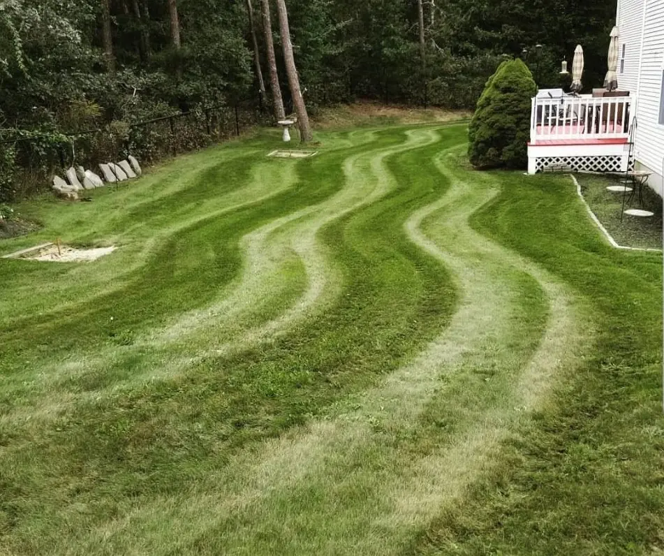 Healthy striped lawn maintained by Medhaug Landscaping on the South Shore